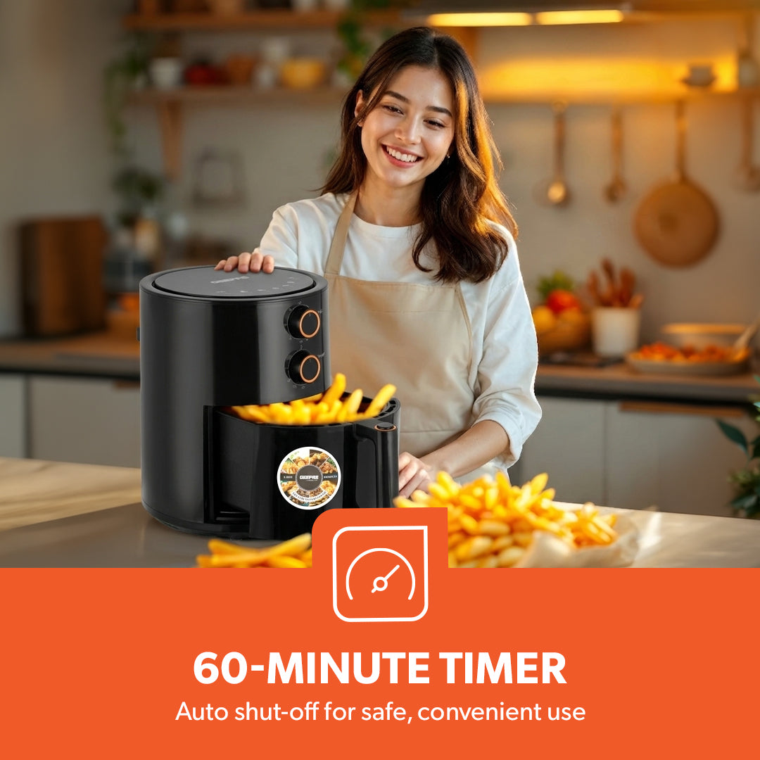 Geepas Air Fryer- GAF37513/ 4.0 L Pot, Non-Stick Coating, with Vortex Frying Technology/ Multiple Function, 1-60 Min Timer, Temperature 80-200 Degree Celsius, Black