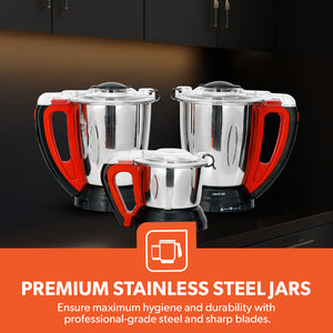 Geepas 3-in-1 Mixer Grinder GSB44040 | 750W Copper Motor, 3 Speed + Pulse Function | 1.5L Blending Jar |  1.5L Grinder Jar & 0.5L Chutney Jar | Wet & Dry Grinding