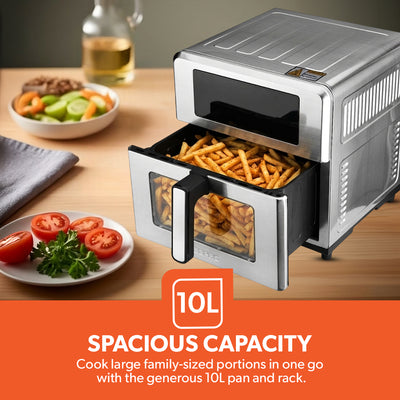 Geepas GAF37546 10L Digital Double Heating Air Fryer | Advanced Vortex Rapid Air Technology |10 Preset Cooking Modes |Touchscreen Display|60-Min Timer & Oil-Free  Cooking