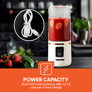 Geepas GSB44058 Rechargeable Portable Blender | 420ml USB Juicer | Digital Display | 6 Stainless Steel Blades Smoothie Maker | Travel, Home & Office Use | Portable Design