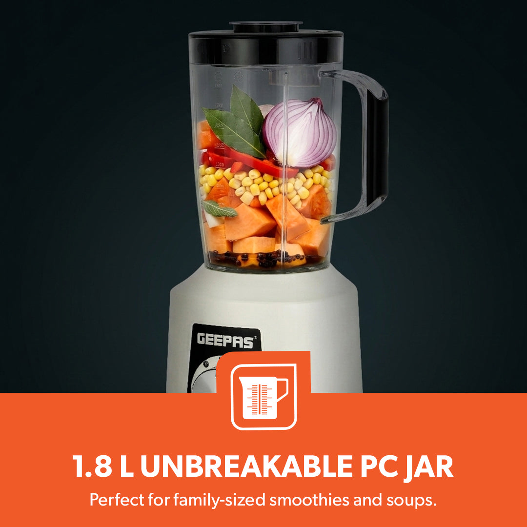 Geepas 2-in-1 Blender- GSB44027T/ 600 W, Powerful Motor with 2 Speed Setting and Pulse/ Transparent Jars with Stainless Steel Blade, Grinder Attachment White and Black