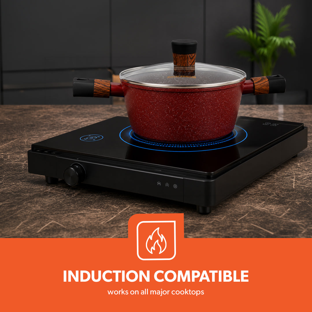 Royalford RF12491 Granite Coated Cookware Set 10 PCS with Lids | Induction Compatible Forged Aluminium Pots, Saucepan, Frypan & Nylon Cooking Tools | Ideal For Daily Use