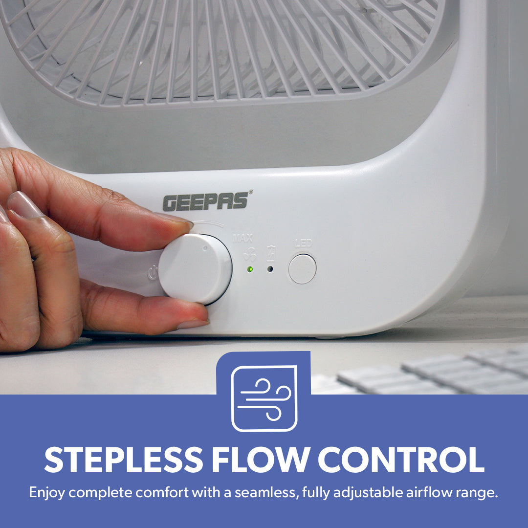 Geepas GF21162 8” Rechargeable Fan with LED Light | 2-Speed Powerful Airflow | Built-in Battery for Power Backup | Portable Design | Adjustable Tilt | 2 Years Warranty