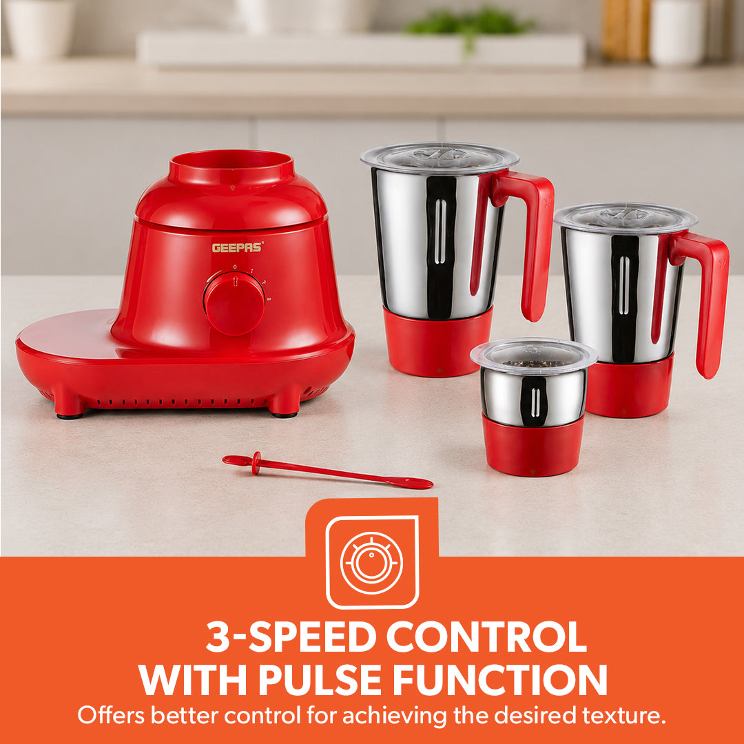 Geepas GSB44086 750W 3-in-1 Mixer Grinder | 3 Stainless Steel Jars & Copper Motor | Sharp Stainless Steel Blades | 3-Speed Control with Pulse Function | ABS Plastic Body