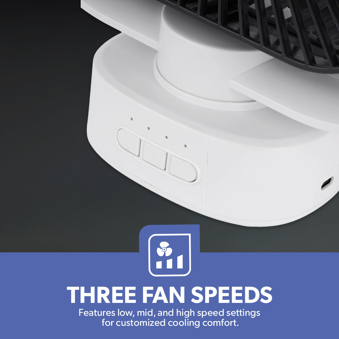 Geepas GF21122 8-Inch Oscillating LED Table Fan | Rechargeable AC/DC Function| 2x1500mAh Lithium Battery| Two-Level LED Light| 9 Hours Working Time| 2 Years Warranty