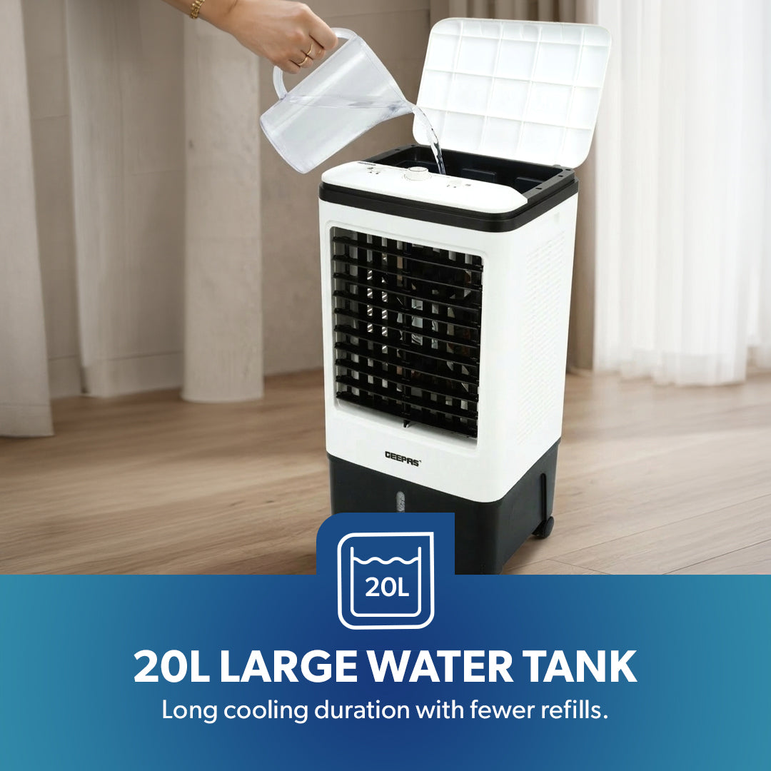 Geepas GAC9576 Air Cooler | 20L Water Tank | 80W Power | 3 Wind Speeds | 2000 m³/h Airflow | 4 Dry Ice Boxes | Automatic Swing | Manual Adjustment | 2 Years Warranty