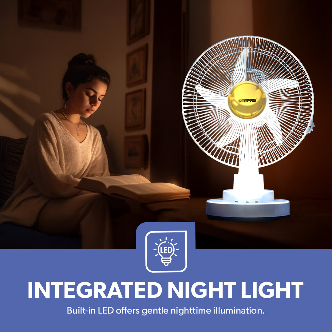 Geepas GF21118 Rechargeable 12-Inch Oscillating Fan | 3-Speed Control | LED Light | Long Battery Backup | Portable Design for Home & Outdoor Use | 2 Years Warranty