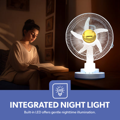 Geepas GF21118 Rechargeable 12-Inch Oscillating Fan | 3-Speed Control | LED Light | Long Battery Backup | Portable Design for Home & Outdoor Use | 2 Years Warranty