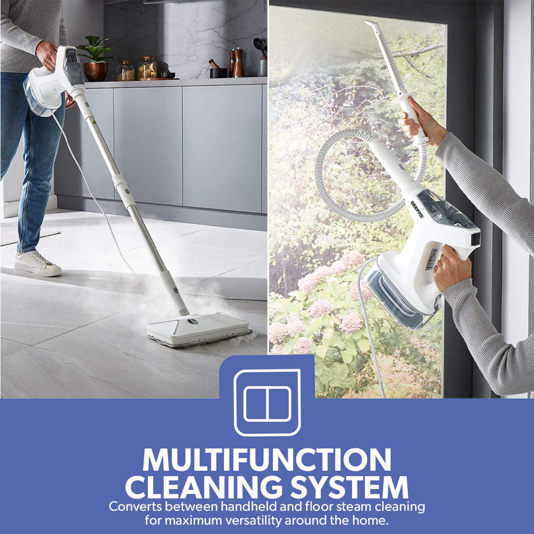 Geepas GSC19044UK Multifunction Handheld and Floor Steam Cleaner with 295ml Water Tank | Digital Touch Control Panel | High Power Steam Output and Docking Station