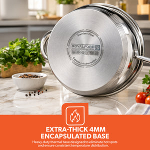 Royalford RF10390 10-Piece Stainless Steel Cookware Set with Glass Lids| Induction Compatible Encapsulated Base| Heavy-Duty Riveted Handles & Durable Satin Finish Design