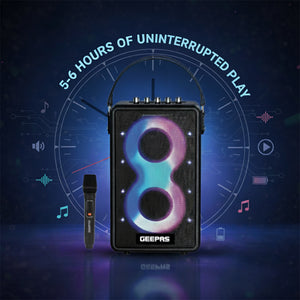 Geepas GMS11202 Bluetooth Speaker with UHF Wireless Microphone | 70W RMS Powerful Sound | 7200mAh Rechargeable Battery | RGB Party Lights | Multi-Connectivity Options