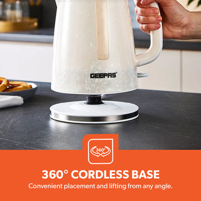 Geepas GK38067UK-WT Skye Collection 1.7L Electric Kettle | 360° Cordless Base | Auto Shut Off | Boil Dry Protection | Water Level Indicator |Kettle for Home & Office Use