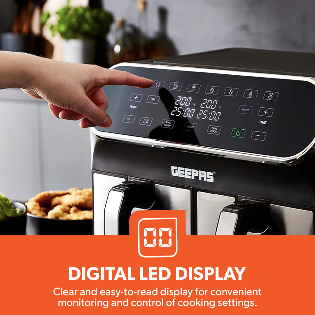 Geepas GAF37535UK Digital Air Fryer | 8L Dual Basket with LED Display |  Touch Control Panel |   60 Minute Timer |  Healthy Oil and  Fat Free Cooking Technology
