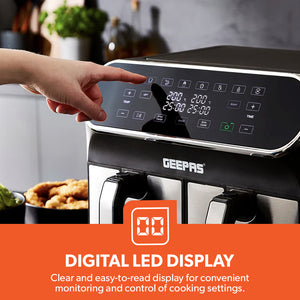 Geepas GAF37535UK Digital Air Fryer | 8L Dual Basket with LED Display |  Touch Control Panel |   60 Minute Timer |  Healthy Oil and  Fat Free Cooking Technology