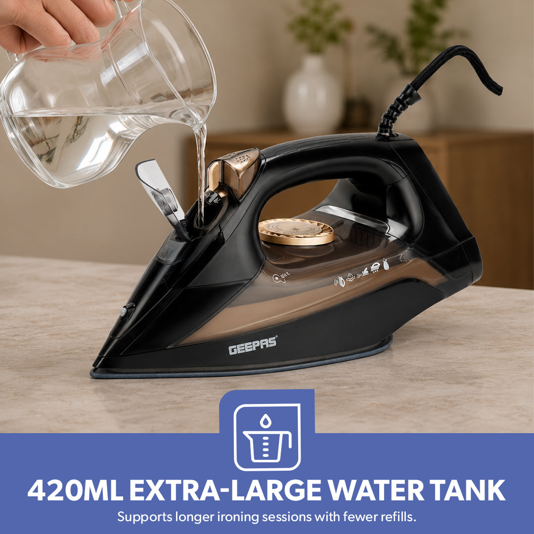 Geepas GSI7801  2400W Ceramic Steam Iron | Self-Cleaning Steam Iron | Ceramic-Coated Soleplate | Powerful Steam Boost | Three Ironing Modes |Vertical Steam Function