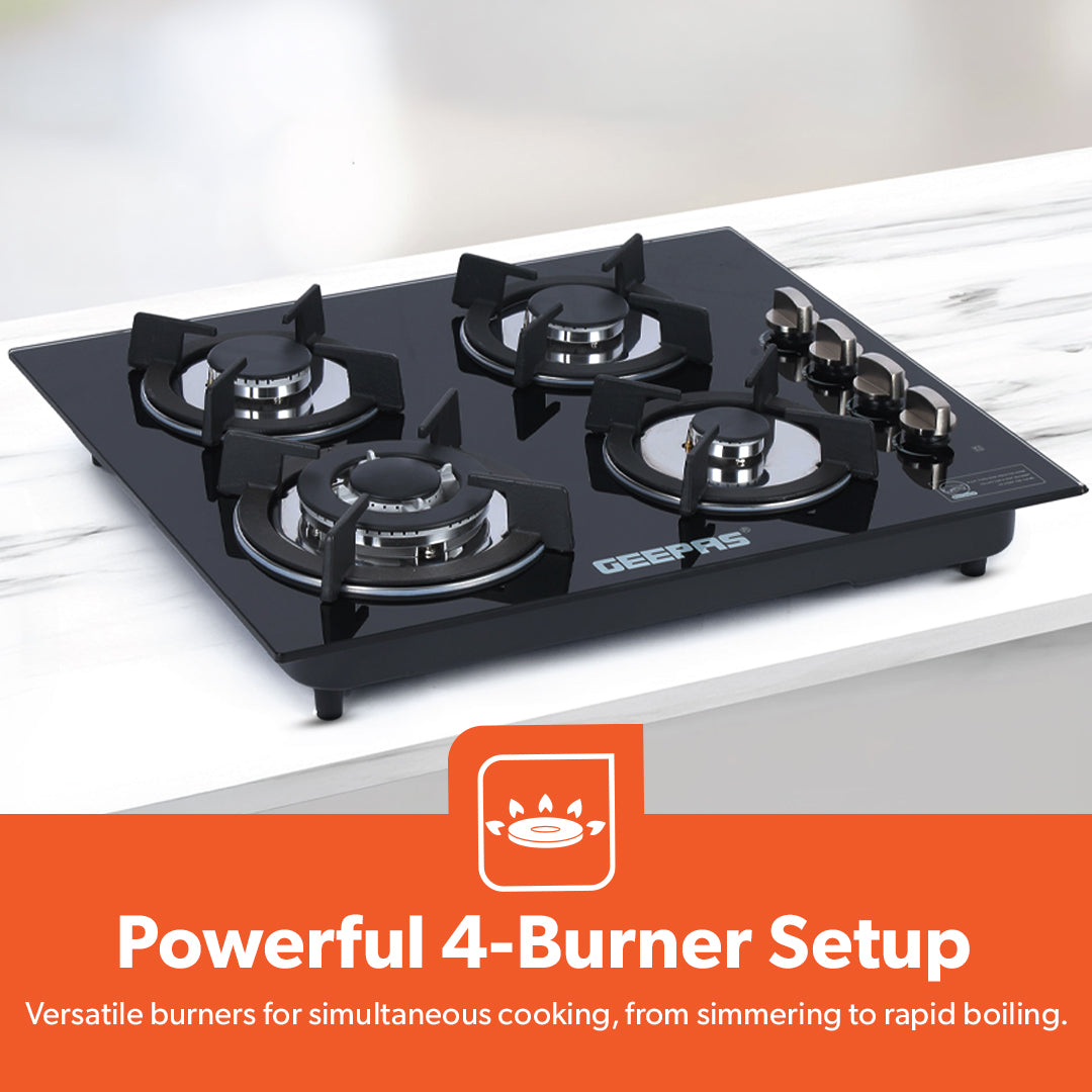 Geepas GGC31050FFD Built-in Glass Gas Hob | 4  Burners | Auto Ignition System | Flame Failure Safety Device (FFD) | Durable Design | Energy Efficient | 2 Years Warranty