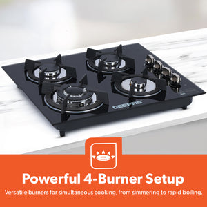 Geepas GGC31050FFD Built-in Glass Gas Hob | 4  Burners | Auto Ignition System | Flame Failure Safety Device (FFD) | Durable Design | Energy Efficient | 2 Years Warranty