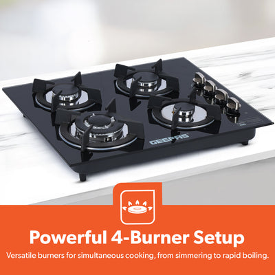Geepas GGC31050FFD Built-in Glass Gas Hob | 4  Burners | Auto Ignition System | Flame Failure Safety Device (FFD) | Durable Design | Energy Efficient | 2 Years Warranty