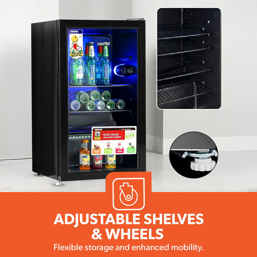 Geepas GSC1223  Showcase Chiller | Single Door Display Fridge | Low Noise, Quick Cooling | LED Light | Black Finish | Energy Efficient Beverage Cooler | 1 Year Warranty