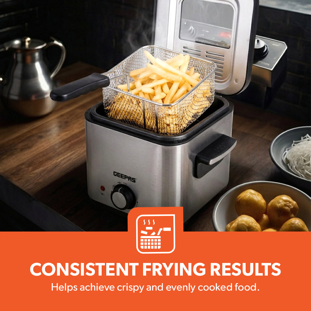 Geepas GDF36012UK 1.5L Deep Fryer with Adjustable Temperature Control | Heating Indicator Light | Cool Touch Handles | Stainless Steel Body for Crispy Fried Foods