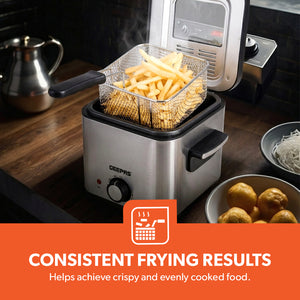 Geepas GDF36012UK 1.5L Deep Fryer with Adjustable Temperature Control | Heating Indicator Light | Cool Touch Handles | Stainless Steel Body for Crispy Fried Foods