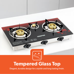 Geepas 3 Burner Gas Cooker GGC31012 |Stainless Steel Frame & Tray, Tempered Glass Top, Iron Burners 100+40+100mm, Auto Piezo Ignition, Low Gas Consumption, 2Year Warranty