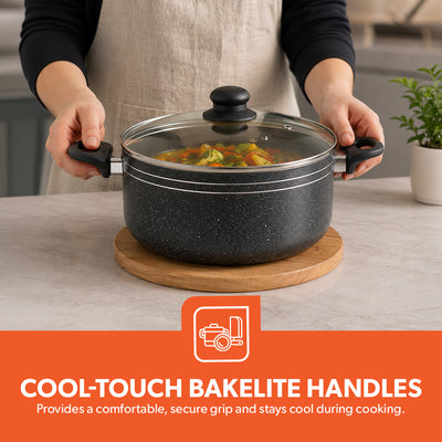 Royalford  RF11759 9 PCS Non-Stick Cookware Set | PFOA-Free Granite Coating| Strong Aluminium Body| Fast-Heating CD Bottom| Tempered Glass Lids & Essential Kitchen Tools