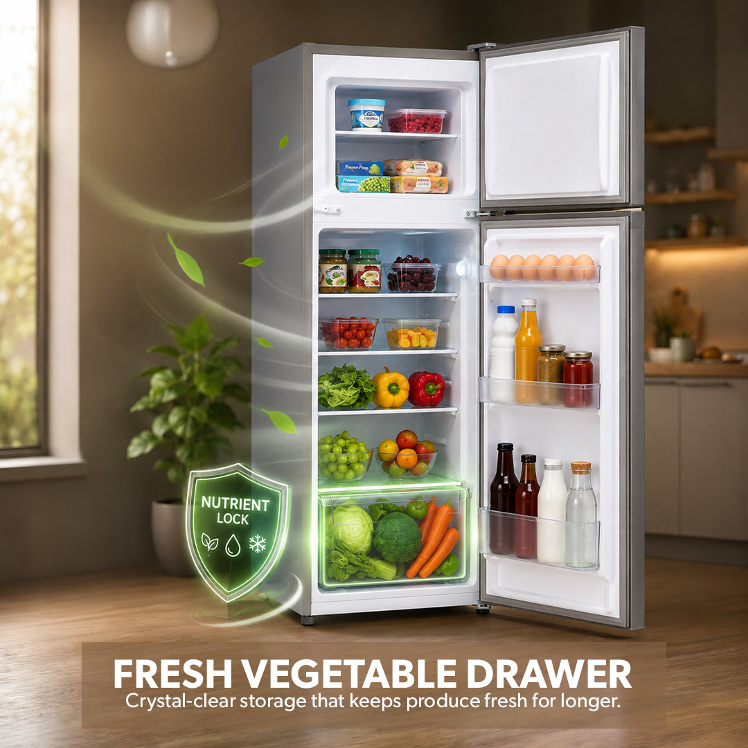 Geepas GRF2400SXE 240L Double Door Defrost Refrigerator | 205L Net Capacity | tropical compressor | Adjustable thermostat |3 durable tempered glass shelves |interior lamp