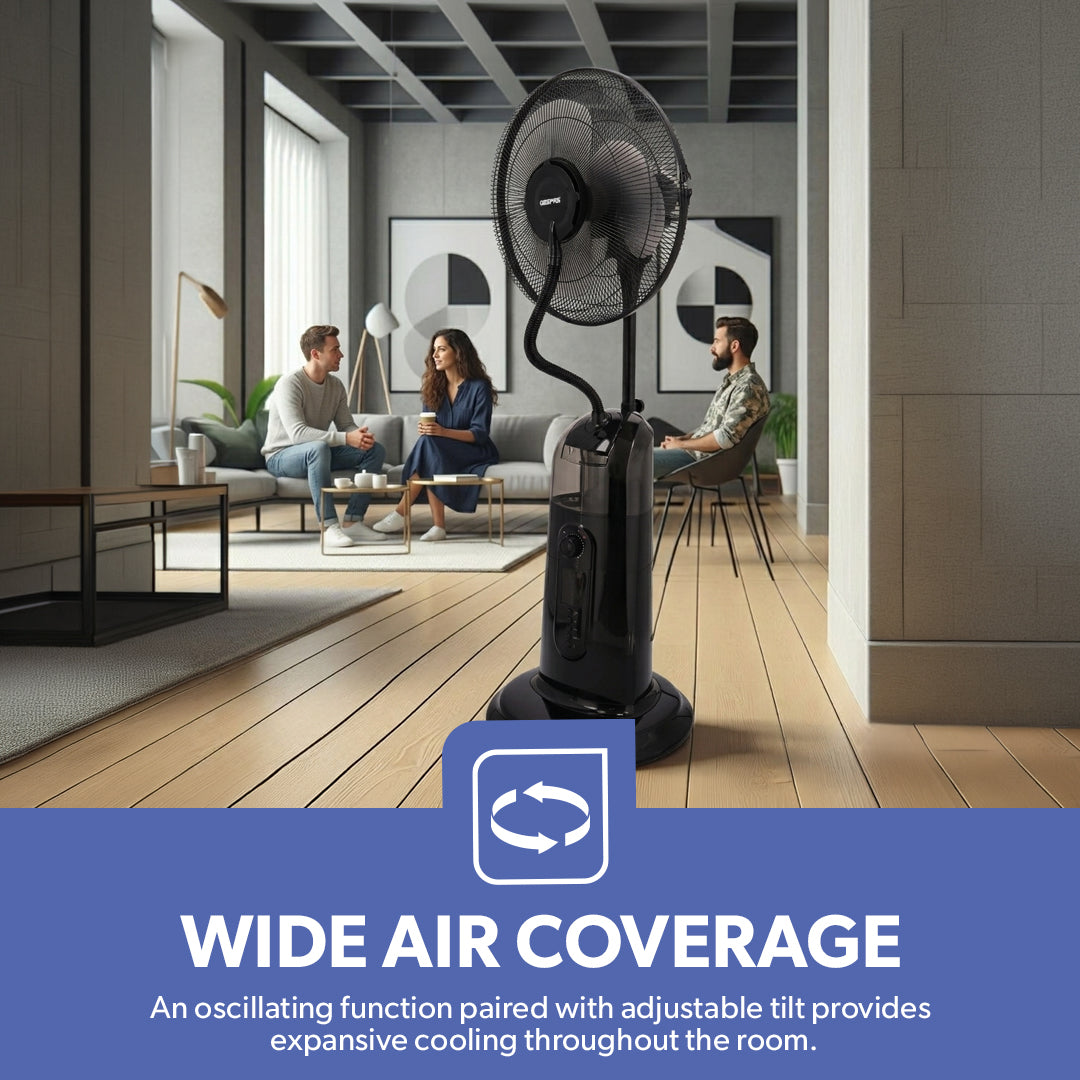 Geepas GF21161 16-Inch Mist Fan with LCD Display | 3 Wind Speeds| 3 Cooling Modes| 7.5-Hour Timer| 2L Water Tank| Remote Control| 100% Copper Motor| 2 Years Warranty