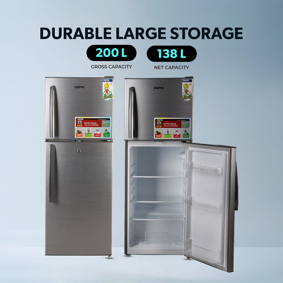 Geepas GRF2209SXE Double Door Defrost Refrigerator | Instant Cooling| Low Noise Operation| Adjustable Temperature Control|  Lock & Key| Silver Finish for Modern Kitchens