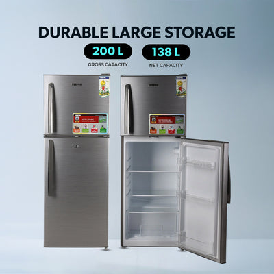 Geepas GRF2209SXE Double Door Defrost Refrigerator | Instant Cooling| Low Noise Operation| Adjustable Temperature Control|  Lock & Key| Silver Finish for Modern Kitchens