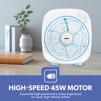 Geepas GF926 12 Inch Box Fan | 60-Min Timer | 3 Speed Control | Powerful Motor | Compact Portable Design | Energy Efficient Cooling Fan for Home, Office & Indoor Use