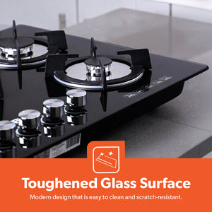Geepas Glass Gas Hob GGC31011 | 5 Burner Gas Stove with Auto Ignition| Toughened Glass Surface| Cast Iron Pan Support & Powerful Triple Ring Wok Burner| 2 Years Warranty