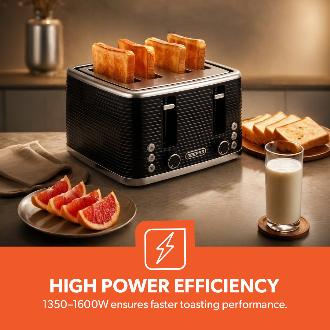 Geepas GBT36537 4-Slice Bread Toaster | 1350- 1600W Power  | Variable Browning Control | Dual Control Panels | Cancel, Defrost & Reheat Functions |  2 Years Warranty
