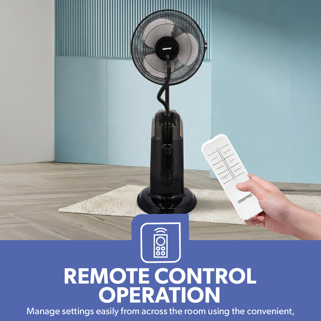 Geepas GF21161 16-Inch Mist Fan with LCD Display | 3 Wind Speeds| 3 Cooling Modes| 7.5-Hour Timer| 2L Water Tank| Remote Control| 100% Copper Motor| 2 Years Warranty
