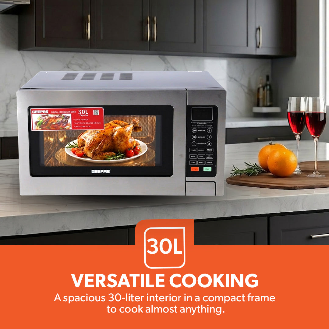 Geepas  Digital Grill Microwave Oven GMO1897 |30L |1000W | Multiple Cooking Menus| Child Safety Lock| Digital Control Panel | Reheating, Defrost & Grill | 1-Year Warranty