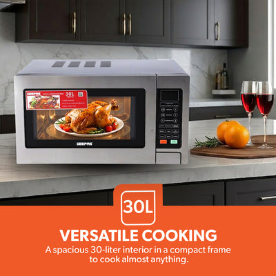 Geepas  Digital Grill Microwave Oven GMO1897 |30L |1000W | Multiple Cooking Menus| Child Safety Lock| Digital Control Panel | Reheating, Defrost & Grill | 1-Year Warranty