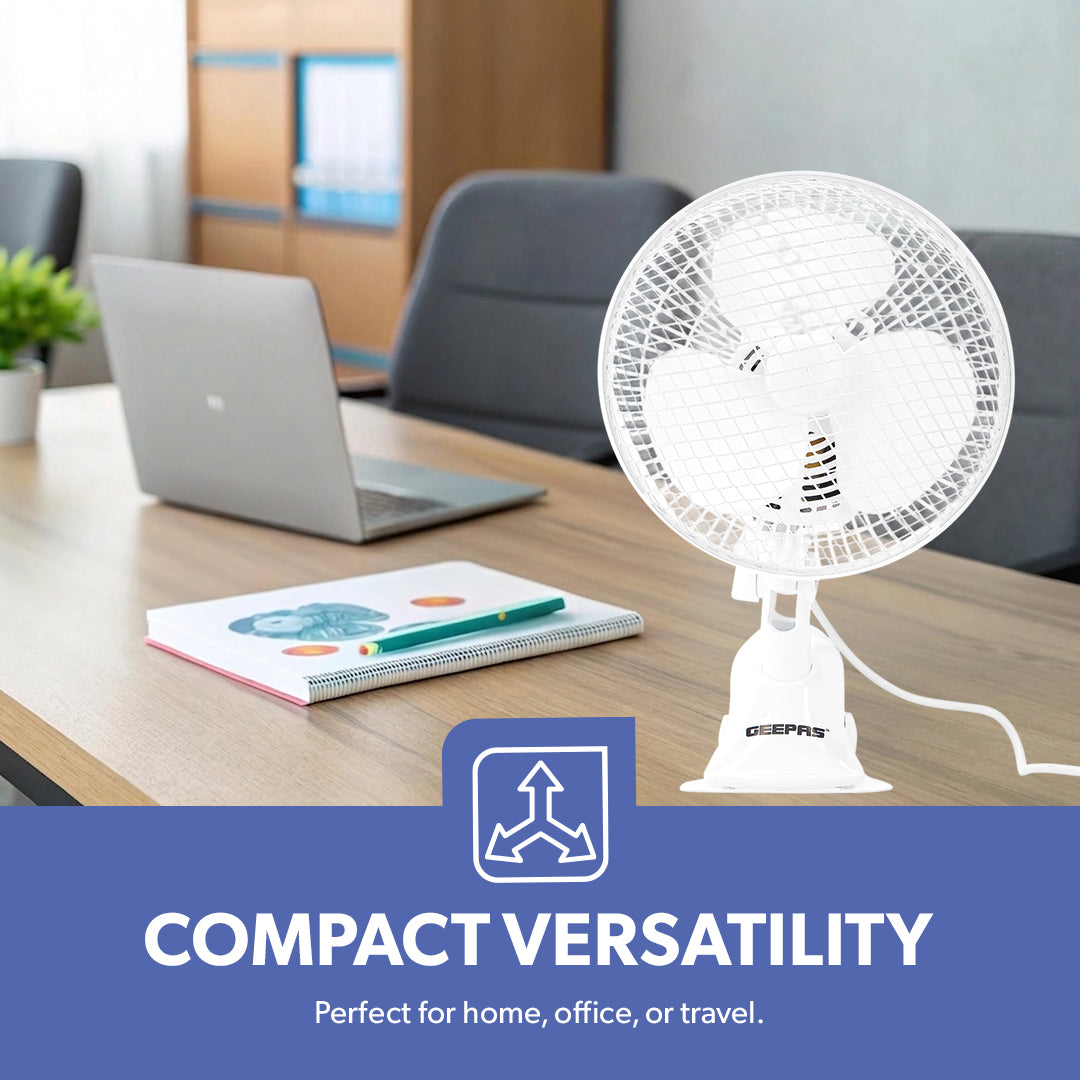 Geepas GF9626 8-Inch 2-in-1 Table & Clip Fan | Super Quiet Copper Motor | 2-Speed Adjustable Control | Wide Oscillation | Compact & Portable Design | 2 Years Warranty