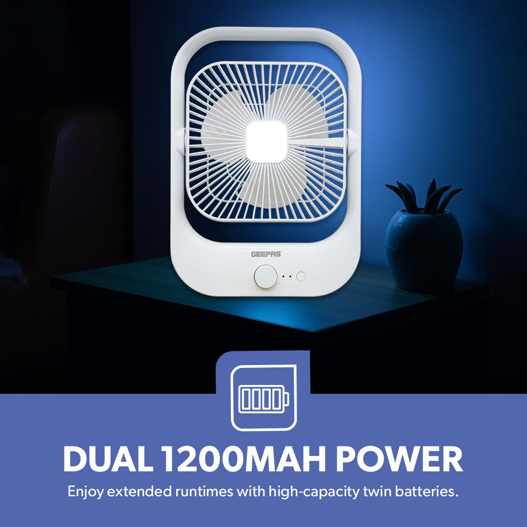 Geepas GF21162 8” Rechargeable Fan with LED Light | 2-Speed Powerful Airflow | Built-in Battery for Power Backup | Portable Design | Adjustable Tilt | 2 Years Warranty
