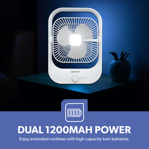 Geepas GF21162 8” Rechargeable Fan with LED Light | 2-Speed Powerful Airflow | Built-in Battery for Power Backup | Portable Design | Adjustable Tilt | 2 Years Warranty