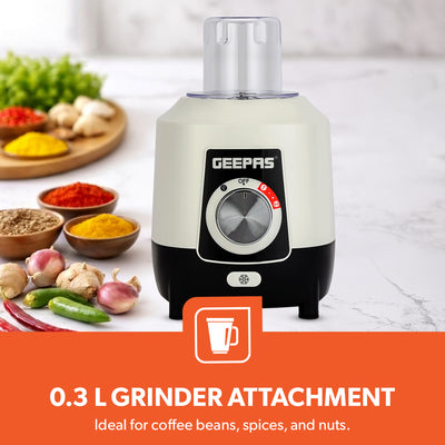 Geepas 2-in-1 Blender- GSB44027T/ 600 W, Powerful Motor with 2 Speed Setting and Pulse/ Transparent Jars with Stainless Steel Blade, Grinder Attachment White and Black
