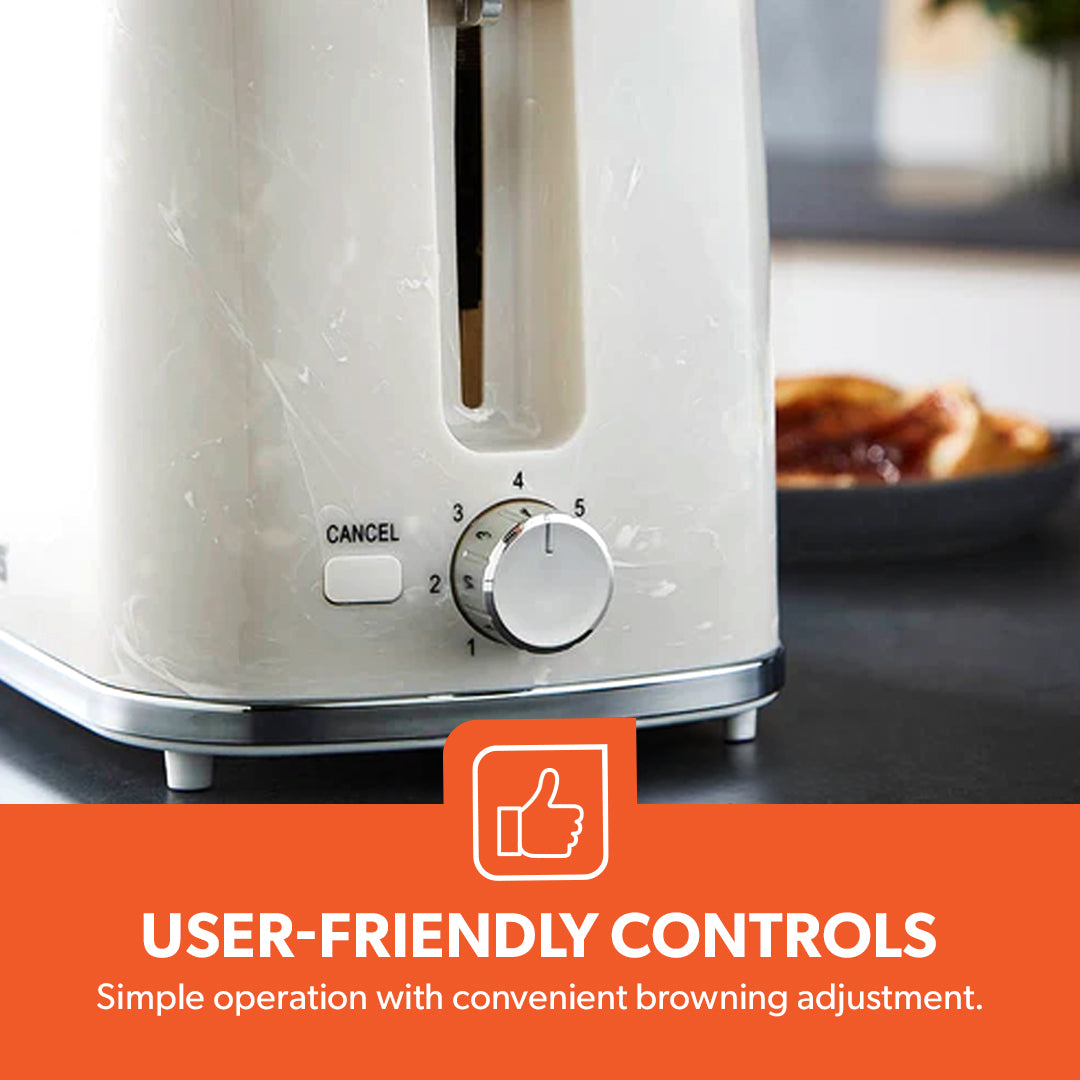 Geepas GBT36555UK-WT Skye Collection 2 Slice Toaster with 7 Browning Settings | Removable Crumb Tray | Cord Storage |Cancel Function & Marble Effect Finish for Kitchens