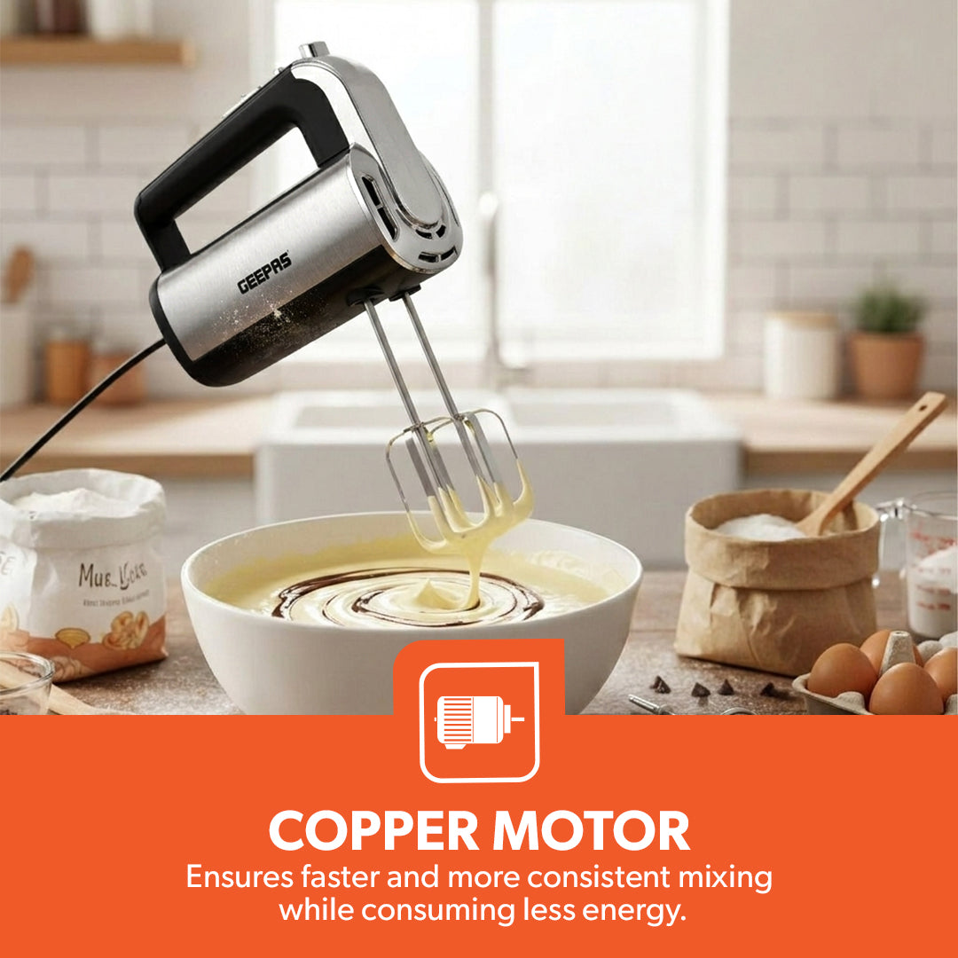 Geepas Hand Mixer GHM2001 | 400W Powerful Electric Hand Mixer| 5 Speed Control| Turbo Function| Stainless Steel Beaters| Lightweight Design| Easy to Use| 2 Years Warranty
