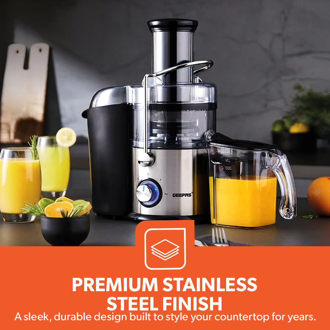 Geepas Juice Extractor GJE5437 | 800W | Wide Feed Tube for Whole Fruits & Vegetables| 2.2L Pulp Container| Stainless Steel Body| Multi-Safety Protection| 2 Years Warranty