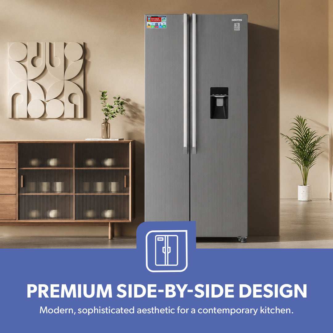 Geepas GRFS6622SWXHN Side by Side Refrigerator | 700L Gross Capacity | Inverter Compressor | Inverter Compressor |4 crystal drawers |R600a refrigerant | 1-Year Warranty