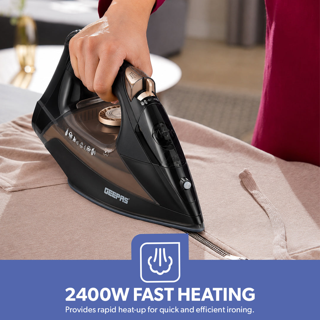 Geepas GSI7801  2400W Ceramic Steam Iron | Self-Cleaning Steam Iron | Ceramic-Coated Soleplate | Powerful Steam Boost | Three Ironing Modes |Vertical Steam Function