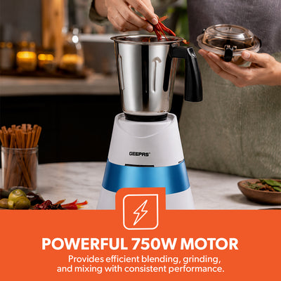 Geepas GSB44094 750W 3-in-1 Mixer Grinder | 1.5L Stainless Steel Jar Mixer | Stainless Steel Blades | Overload Protection  | Durable ABS Plastic Body |Stable Base Design