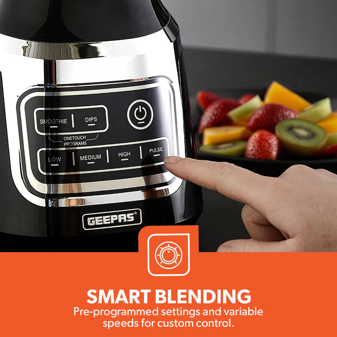 Geepas GSB44115UK Professional Blender 900W with 1.5L Capacity Jar |  Stainless Steel Blades |  Electronic Program Control |  Smoothie Function & Variable Speed Control