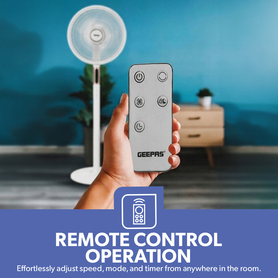 Geepas GF21205 14” Stand Fan with Remote Control | Scandi Series, 60W Motor| 3-Speed| 8H Timer| 5-Blade Air Circulation| Wide Oscillation| Korean Style| 2 Years Warranty