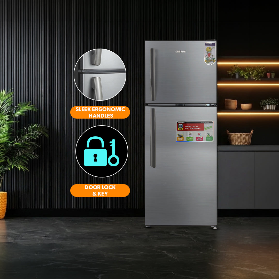 Geepas GRF2209SXE Double Door Defrost Refrigerator | Instant Cooling| Low Noise Operation| Adjustable Temperature Control|  Lock & Key| Silver Finish for Modern Kitchens